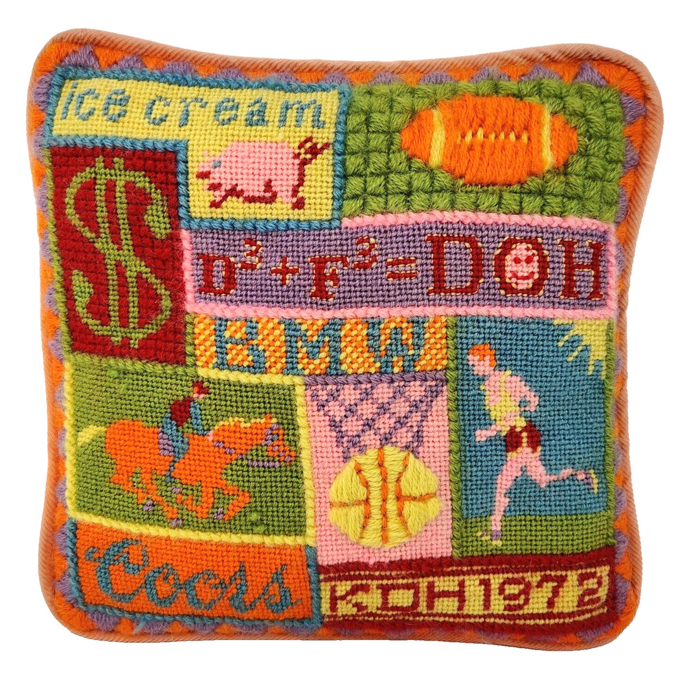 Needlepoint Pillow Cross-Stitch Quirky Unique Fun Horse Sports Ice Cream Pig Man